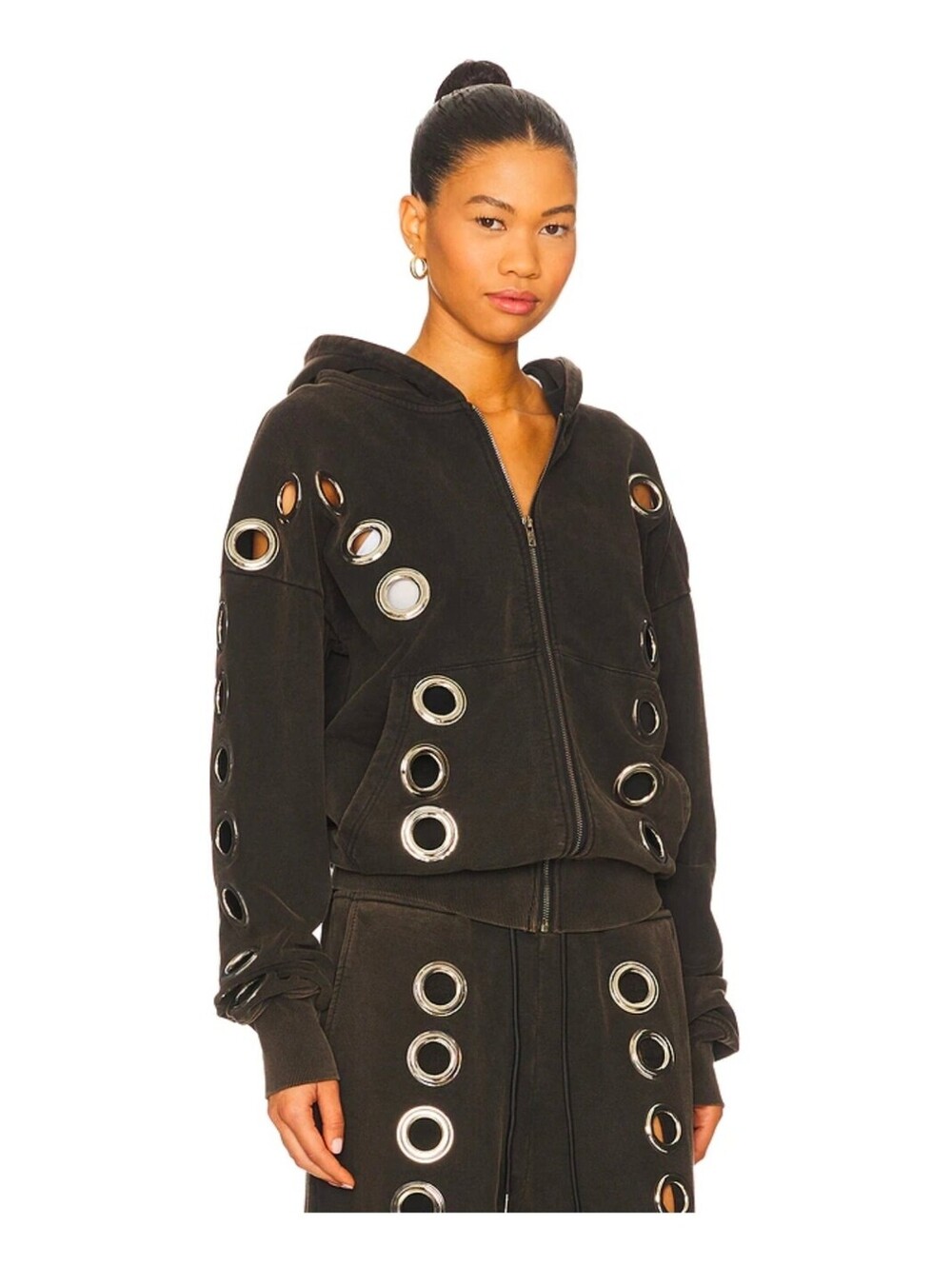 1xBlue Black Cotton Zip-Up Hoodie with Metal Eyelet Details
